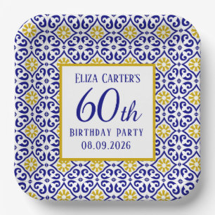 Portuguese Tiles Blue 60th Birthday Mediterranean Paper Plate