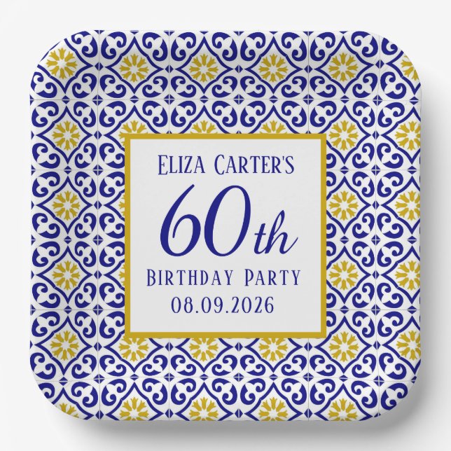 Portuguese Tiles Blue 60th Birthday Mediterranean  Paper Plate (Front)