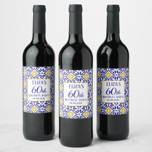Portuguese Tiles Blue 60th Birthday Mediterranean Wine Label