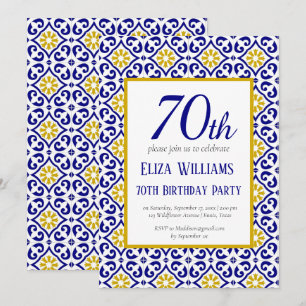 Portuguese Tiles Blue 70th Birthday Mediterranean  Invitation
