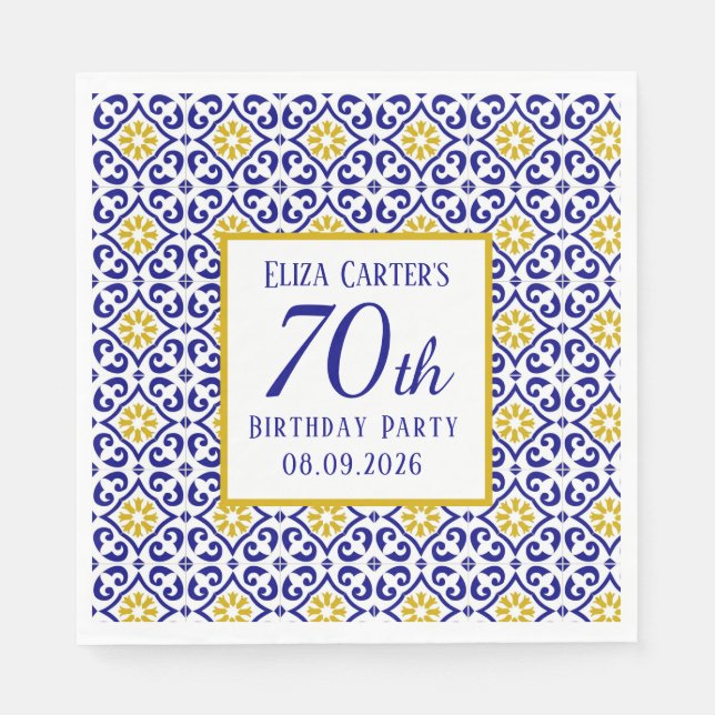 Portuguese Tiles Blue 70th Birthday Mediterranean  Napkin (Front)
