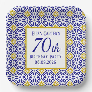 Portuguese Tiles Blue 70th Birthday Mediterranean Paper Plate
