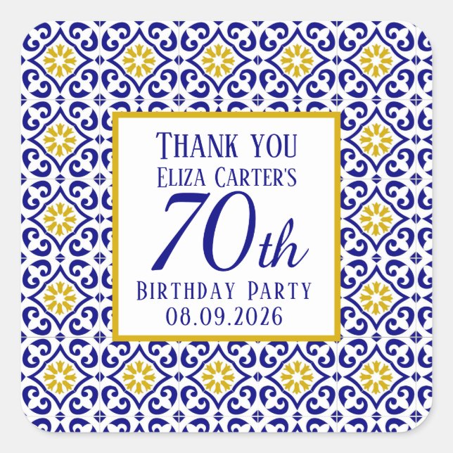 Portuguese Tiles Blue 70th Birthday Mediterranean  Square Sticker (Front)