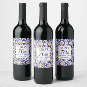 Portuguese Tiles Blue 70th Birthday Mediterranean Wine Label