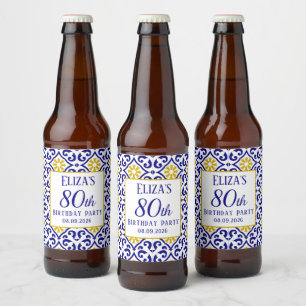 Portuguese Tiles Blue 80th Birthday Mediterranean Beer Bottle Label