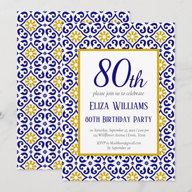 Portuguese Tiles Blue 80th Birthday Mediterranean  Invitation (Front/Back)