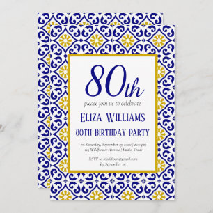 Portuguese Tiles Blue 80th Birthday Mediterranean Invitation