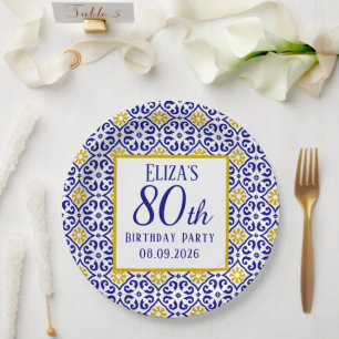 Portuguese Tiles Blue 80th Birthday Mediterranean Paper Plate