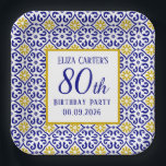 Portuguese Tiles Blue 80th Birthday Mediterranean  Paper Plate<br><div class="desc">Portuguese tiles,  blue,  white and yellow pattern,  rustic Azulejo,  Mediterranean 80th Birthday party paper plates. Personalise it with your details.</div>