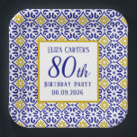 Portuguese Tiles Blue 80th Birthday Mediterranean  Paper Plate<br><div class="desc">Portuguese tiles,  blue,  white and yellow pattern,  rustic Azulejo,  Mediterranean 80th Birthday party paper plates. Personalise it with your details.</div>