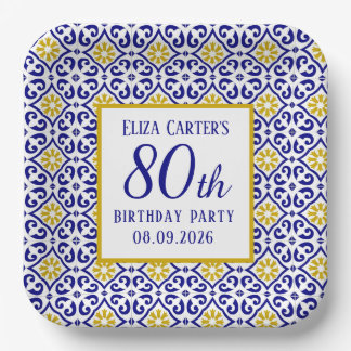 Portuguese Tiles Blue 80th Birthday Mediterranean  Paper Plate