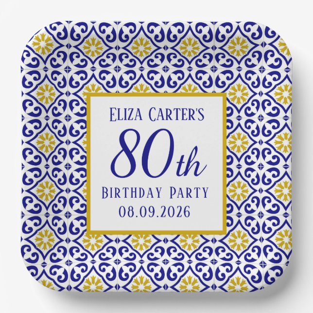 Portuguese Tiles Blue 80th Birthday Mediterranean  Paper Plate (Front)