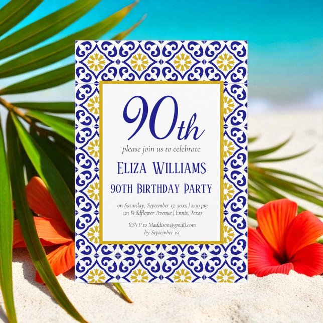 Portuguese Tiles Blue 90th Birthday Mediterranean  Invitation (Creator Uploaded)