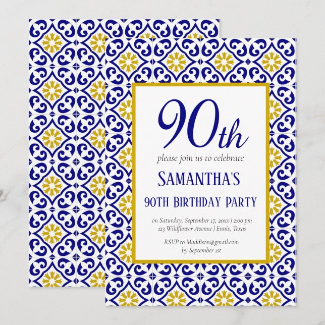 Portuguese Tiles Blue 90th Birthday Mediterranean  Invitation (Front/Back)