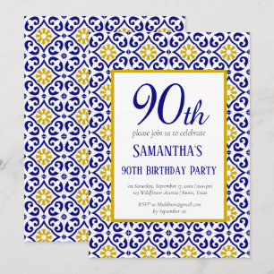 Portuguese Tiles Blue 90th Birthday Mediterranean  Invitation