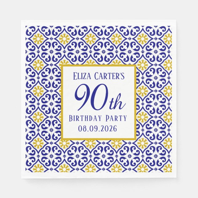 Portuguese Tiles Blue 90th Birthday Mediterranean  Napkin (Front)