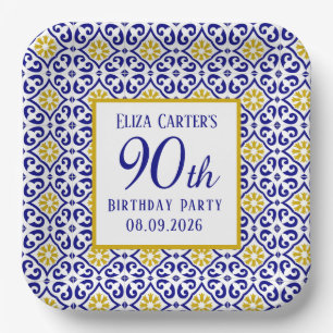 Portuguese Tiles Blue 90th Birthday Mediterranean Paper Plate
