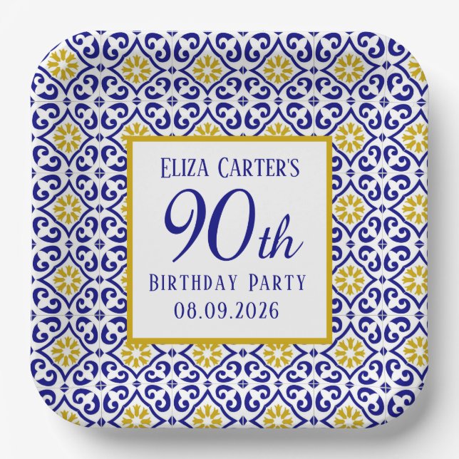 Portuguese Tiles Blue 90th Birthday Mediterranean  Paper Plate (Front)