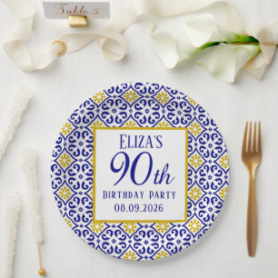 Portuguese Tiles Blue 90th Birthday Mediterranean  Paper Plate