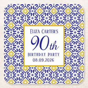 Portuguese Tiles Blue 90th Birthday Mediterranean  Square Paper Coaster