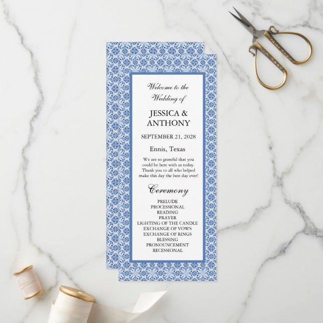 Portuguese tiles Blue Elegant Destination Wedding  Programme (Front/Back In Situ)
