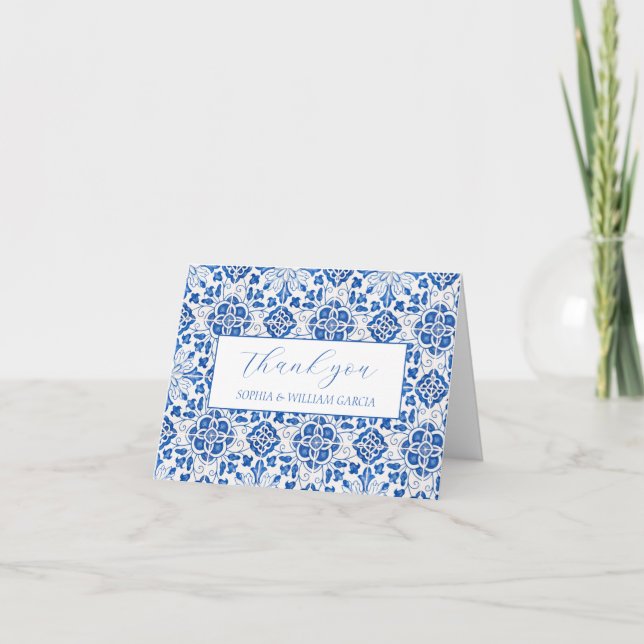 Portuguese Tiles Blue Floral Wedding Thank you  Card (Front)