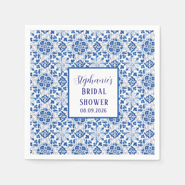Portuguese Tiles Blue Mediterranean Bridal shower Napkin (Front)