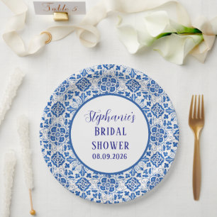 Portuguese Tiles Blue Mediterranean Bridal shower Paper Plate