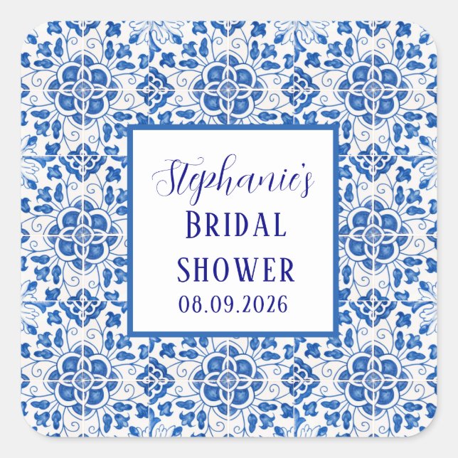 Portuguese Tiles Blue Mediterranean Bridal shower Square Sticker (Front)