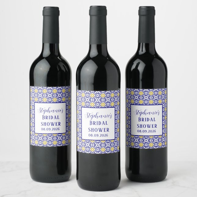 Portuguese Tiles Blue Mediterranean Bridal shower Wine Label (Bottles)