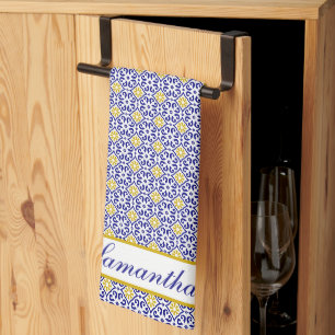 Portuguese Tiles Blue Mediterranean Floral Tea Towel