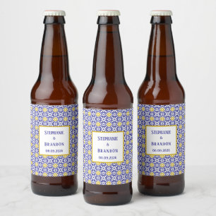 Portuguese Tiles Blue Mediterranean Wedding Beer Bottle Label