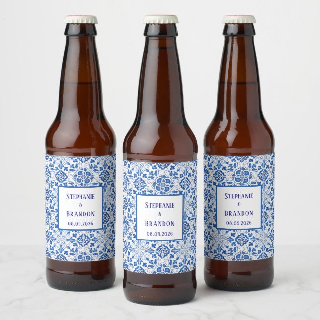 Portuguese Tiles Blue Mediterranean Wedding Beer Bottle Label (Bottles)