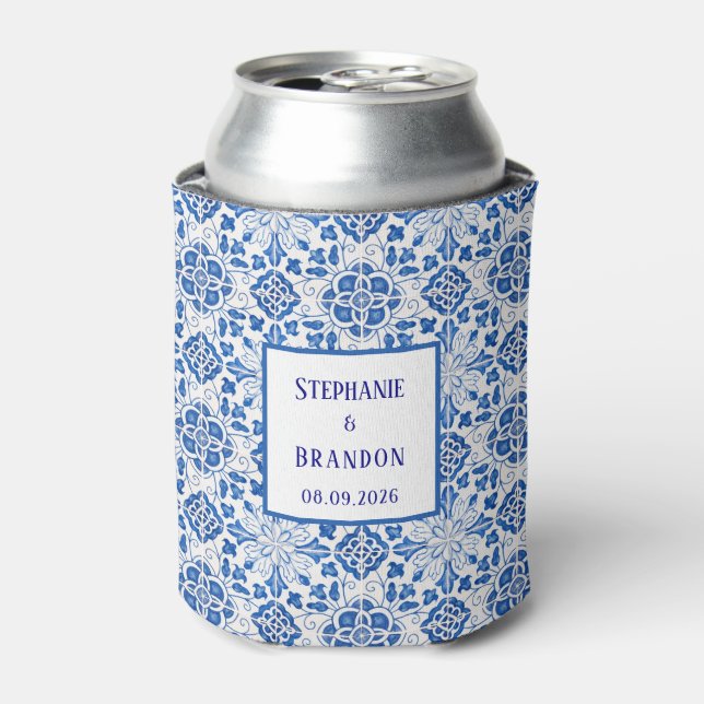 Portuguese Tiles Blue Mediterranean Wedding Can Cooler (Can Front)