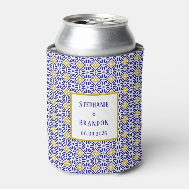 Portuguese Tiles Blue Mediterranean Wedding Can Cooler (Can Front)