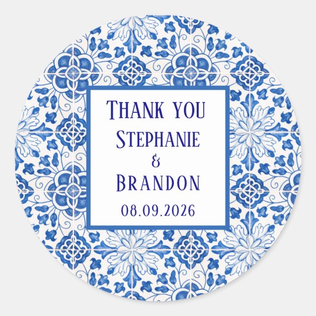 Portuguese Tiles Blue Mediterranean Wedding Classic Round Sticker (Front)