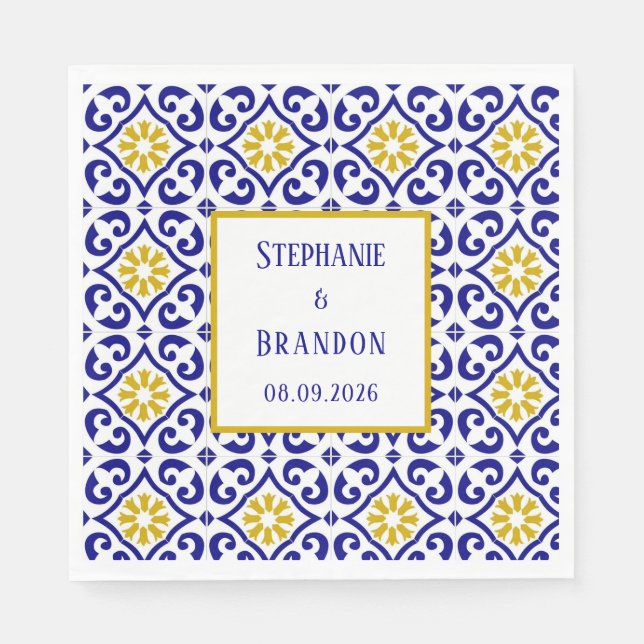 Portuguese Tiles Blue Mediterranean Wedding Napkin (Front)