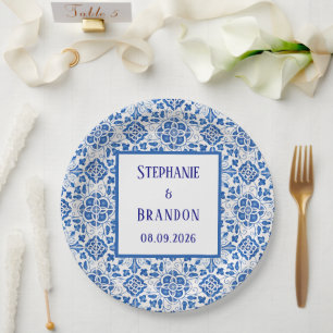 Portuguese Tiles Blue Mediterranean Wedding Paper Plate