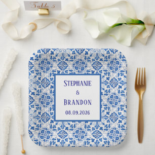 Portuguese Tiles Blue Mediterranean Wedding Paper Plate