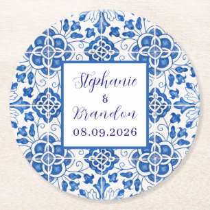 Portuguese Tiles Blue Mediterranean Wedding Round Paper Coaster