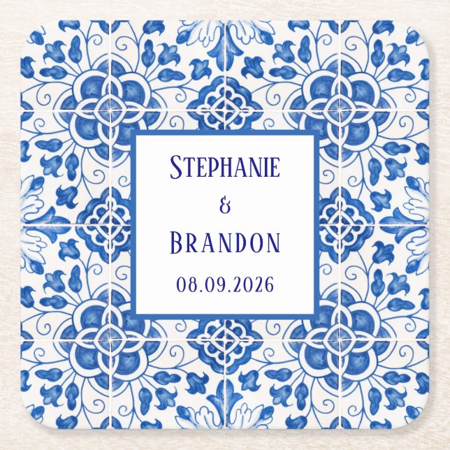 Portuguese Tiles Blue Mediterranean Wedding Square Paper Coaster (Front)