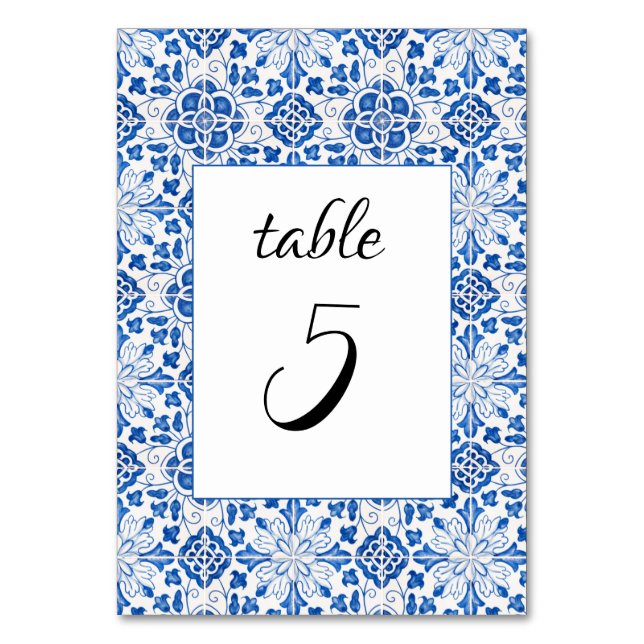 Portuguese Tiles Blue Mediterranean Wedding Table Number (Front)