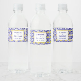 Portuguese Tiles Blue Mediterranean Wedding Water Bottle Label
