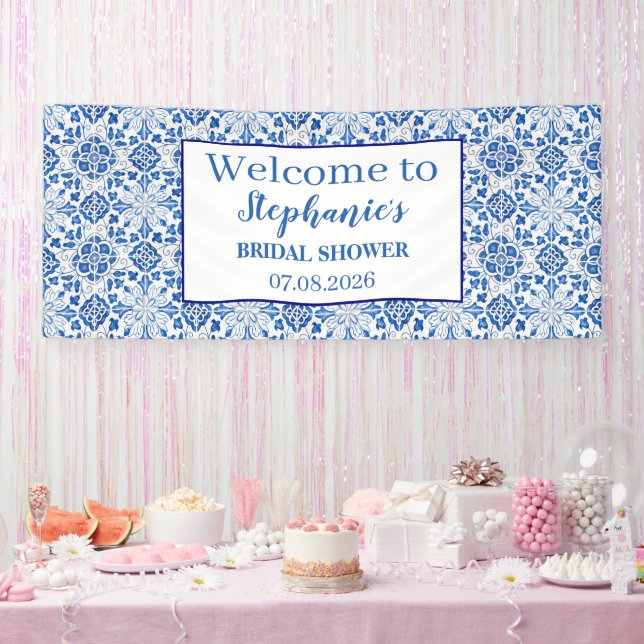Portuguese Tiles Blue Rustic Elegant Bridal Shower Banner (Party)