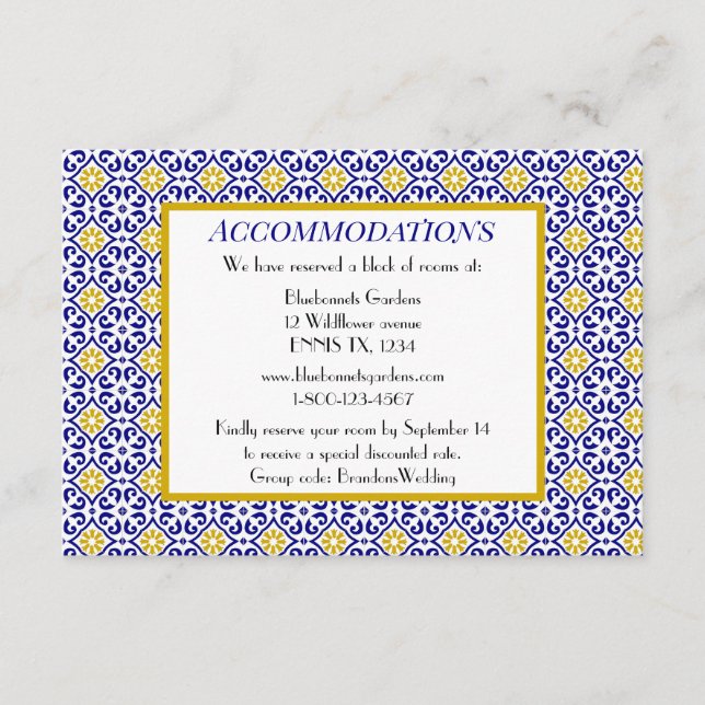 Portuguese tiles Blue Wedding Accommodations Enclosure Card (Front)