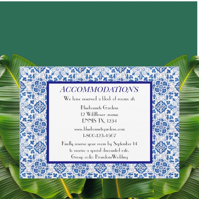 Portuguese tiles Blue Wedding Accommodations Enclosure Card (Creator Uploaded)