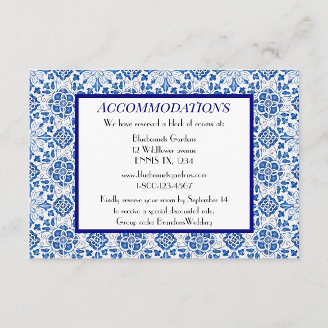 Portuguese tiles Blue Wedding Accommodations Enclosure Card (Front)