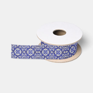 Portuguese tiles Blue White Mediterranean Satin Ribbon