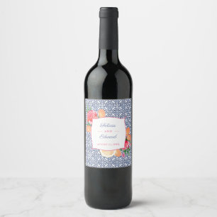Portuguese Tiles Colourful Fruit Flowers Wedding Wine Label