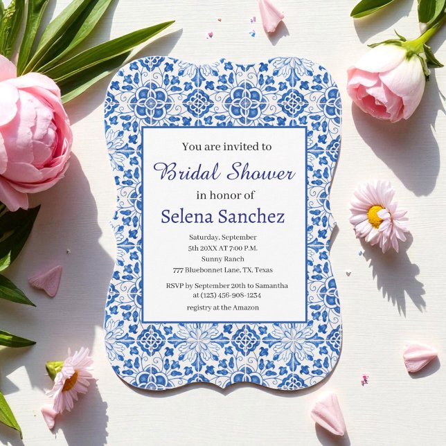 Portuguese tiles Floral Blue Bridal Shower  Invitation (Creator Uploaded)